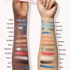 Arm swatches of Oplenza Signature Shades Palette - Ocean Tide, palette with matte, glitter and shimmer eyeshadows for a radiant look. Long-lasting formula, smooth texture eyeshadow palette.