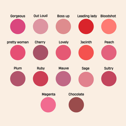 Oplenza Opulent Matte Lip Kit swatches-Gorgeous,  Out Loud, Boss up, Leading lady, Bloodshot, Pretty woman, Cherry, Lovely, Jacinth, Peach, Plum, Ruby, Mauve, Sage, Sultry, Magenta, Chocolate