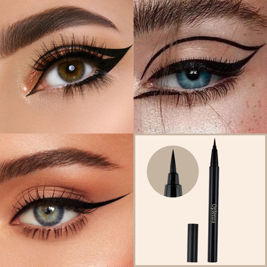 Collage of eyes with cat eye makeup from best liquid eyeliner with Fine-point, tip Brush