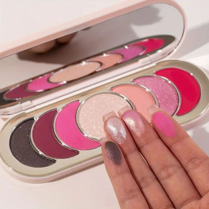 Color show-off of Oplenza Easy Glam Eyeshadow Palette "Pink Filter" flat lay featuring talc-free, vegan eyeshadows designed for easy everyday glam makeup