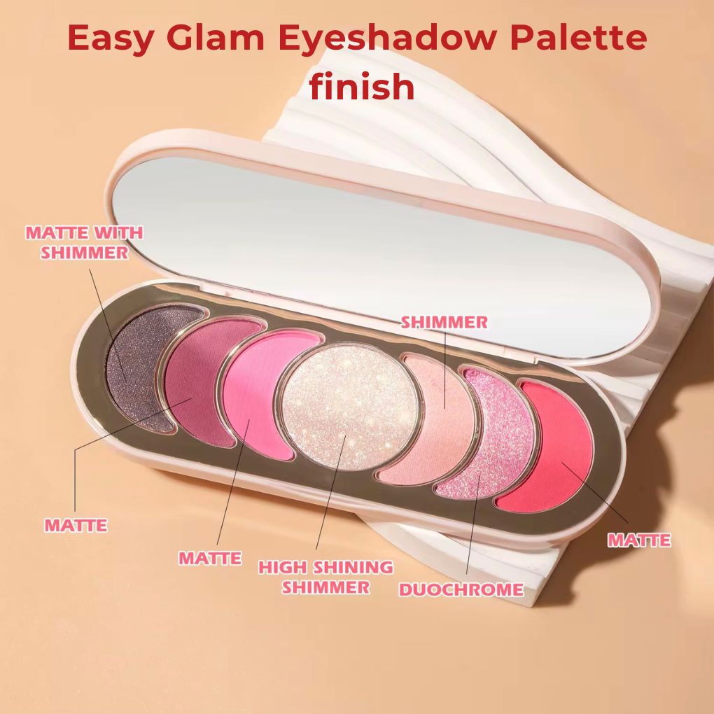 An open eyeshadow palette with six pans of makeup and overlaid labels naming shades such as matte, shimmer, duochrome, and matte with shimmer, on a warm beige background.
Shades: Pink Filter, Gold Time, Moonlight.