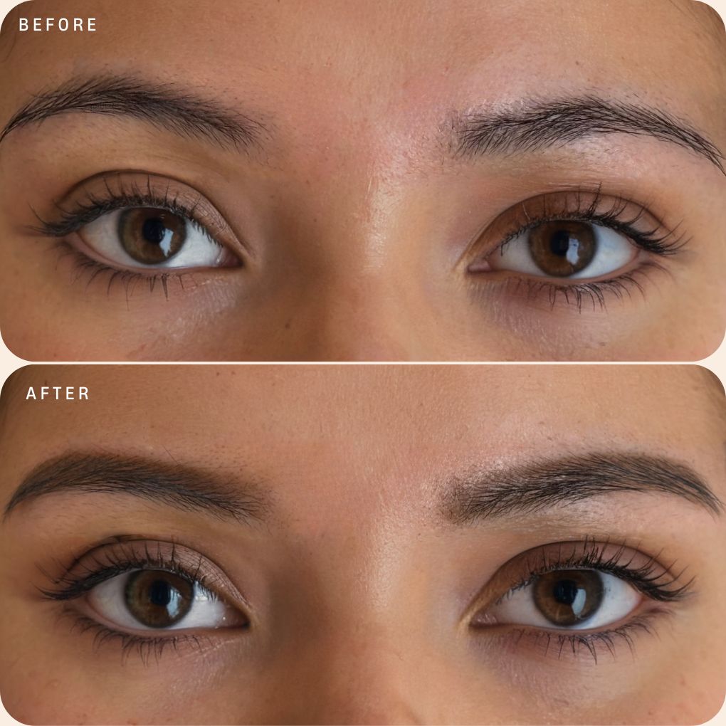 Before and after comparison of oplenza Precision Brow pencil in shade Brown, easy to use for thick brows or for sparse areas