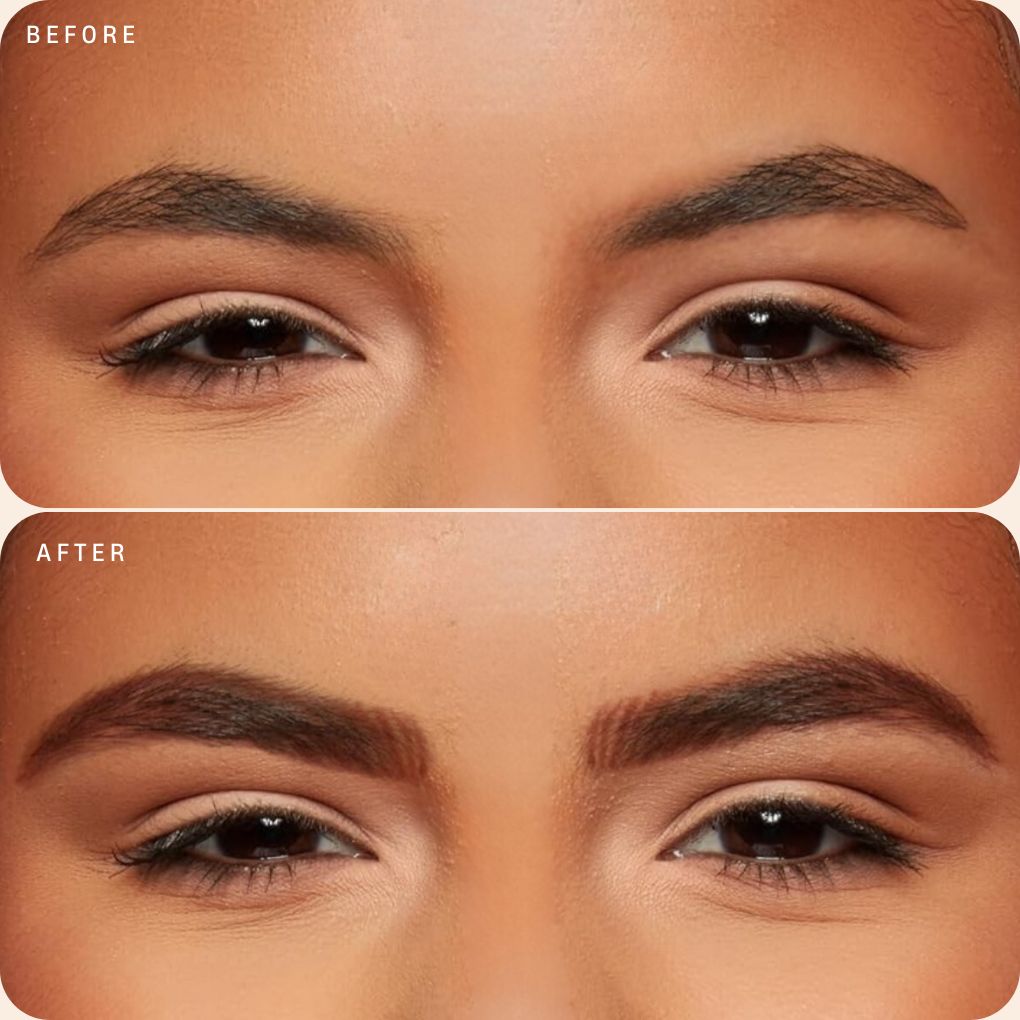 Before and after comparison of oplenza Precision Brow pencil in shade Chocolate, eyebrow pencil for beginners