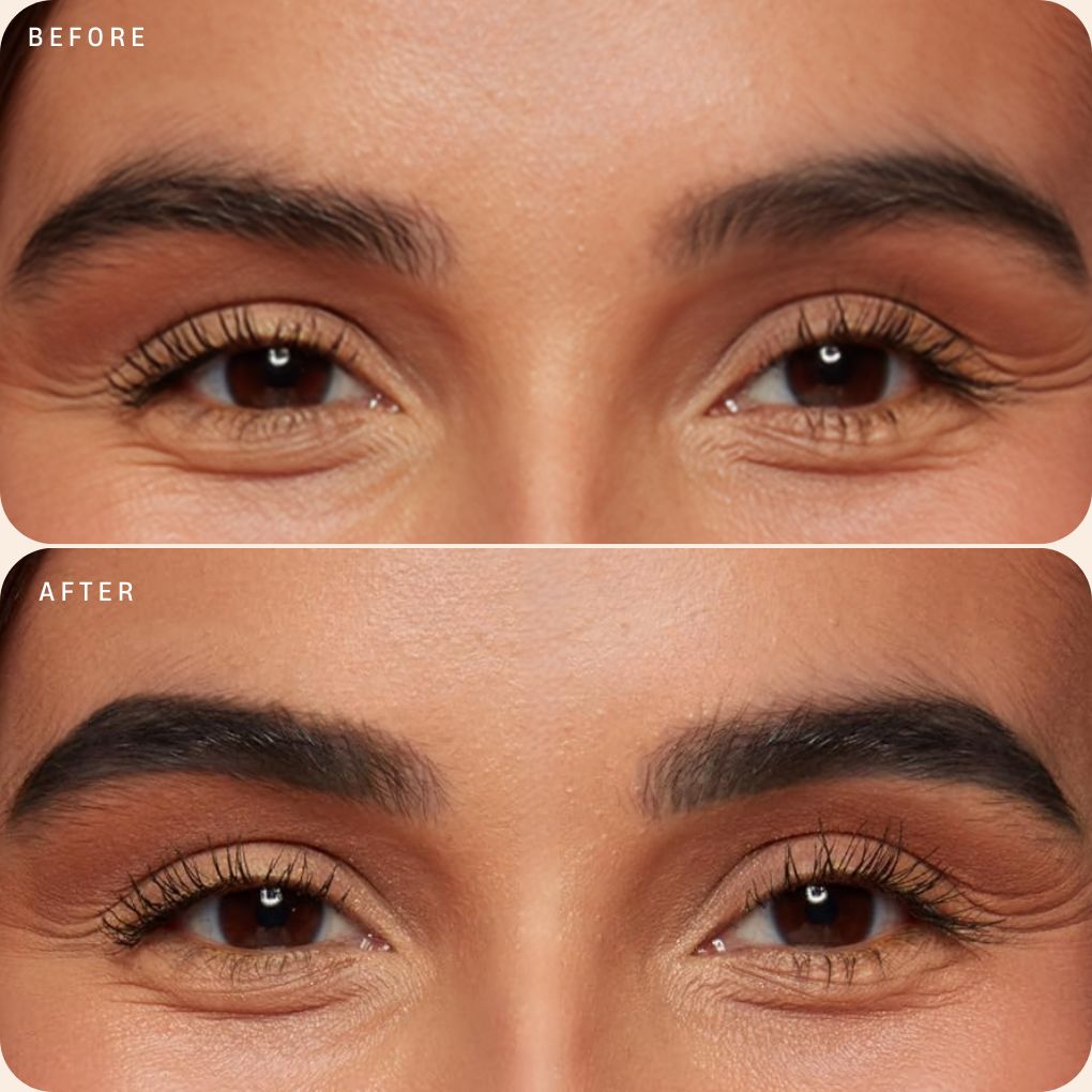 Before and after comparison of Oplenza Precision Brow Pencil - Grey Brown, vegan, professional makeup, highly pigmented eyebrow pencil 
