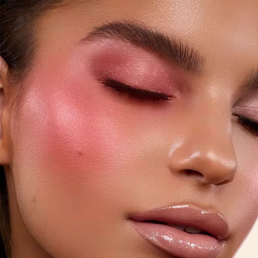 Woman wearing, showcasing on her face the Oplenza Luminous Pressed Powder Blush in shade Pretty.