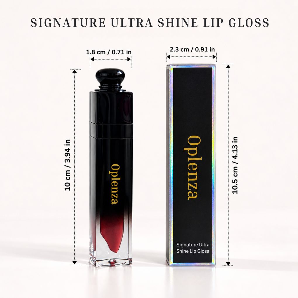 Oplenza Signature Ultra Shine Lip Gloss carton measuring 10.5 cm high and 2.3 cm wide.
Shades: 
01 Opaline  
02 Ballerina  
03 Elegance  
04 Sorbet  
05 Cashmere  
06 Noisette  
07 Latte  
08 Caramel  
09 Praline  
10 Cinnamon  
11 Suede  
12 Roselle  
13 Royale  
Luscious Red  
Dark Souls  
Zuri