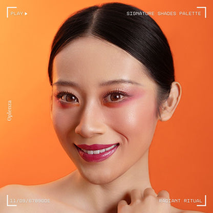 Woman showcasing oplenza eyeshadow palette effect, radiant, colorful in shade Radiant Ritual