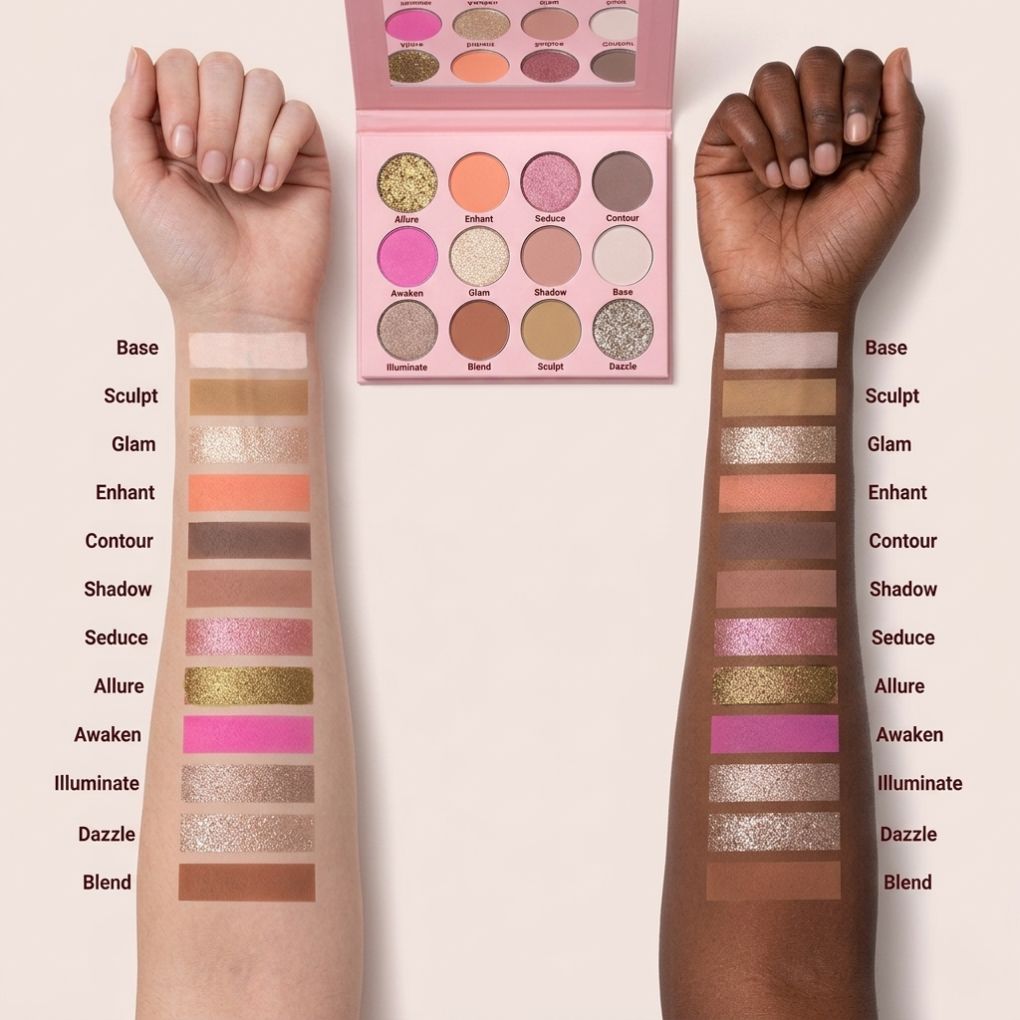 Arm swatches of Oplenza Signature Shades Palette - Radiant Ritual, long-lasting formula, flawless finish eyeshadow palette for a radiant, long-lasting makeup look