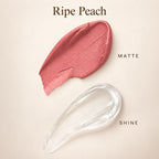 Oplenza Matte-to-Shine Lip Duo in Ripe Peach, showing a peach lipstick swatch.
