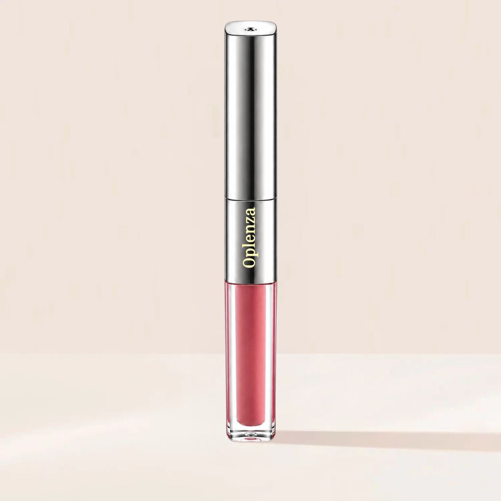 Oplenza Matte-to-Shine Lip Duo in Ripe Peach, with matte liquid lipstick and clear lip gloss.