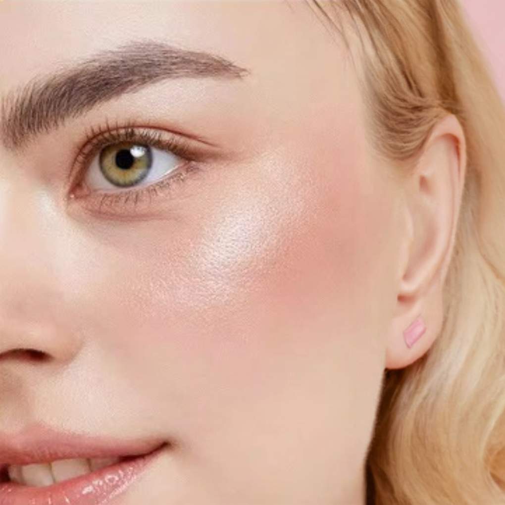 Woman wearing and showcasing the effect of oplenza opulent Light Luminizer in color Roselle