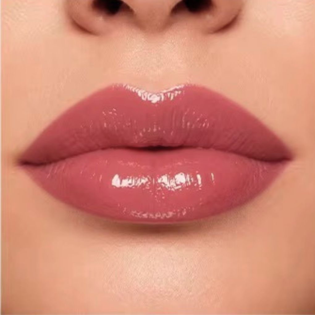 Close-up lip swatch of Oplenza Matte-to-Shine Lip Duo in Rosewood with a glossy finish.