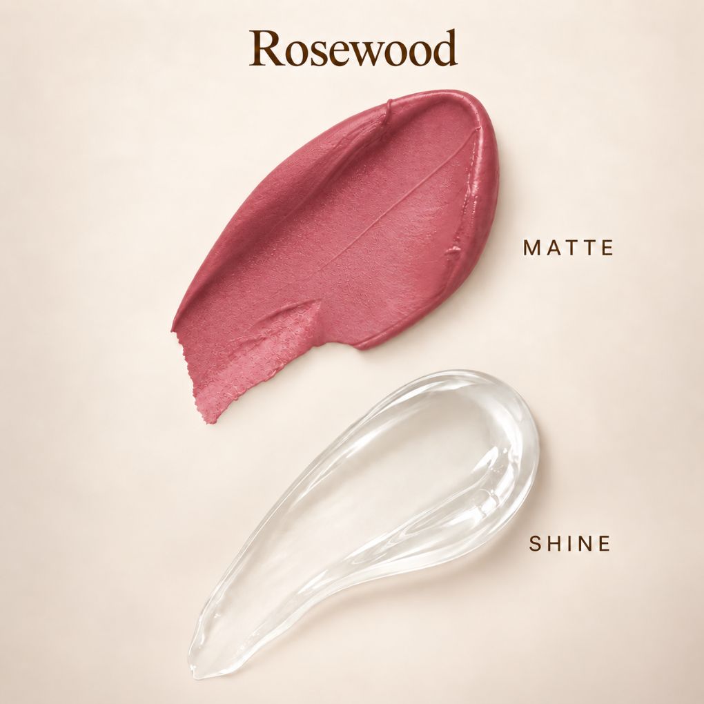 Oplenza Matte-to-Shine Lip Duo in Rosewood, showing a  ligh purple, and clear gloss lipstick swatch.