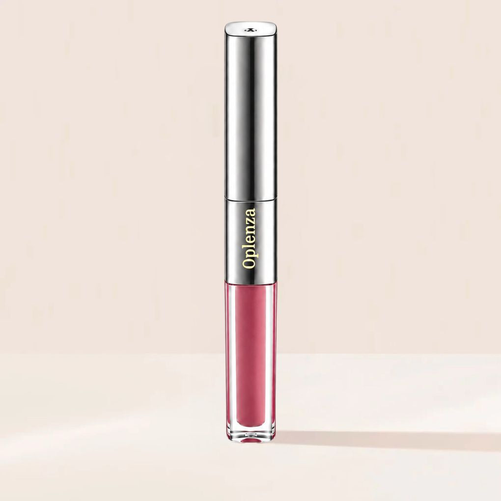 Oplenza Matte-to-Shine Lip Duo in Rosewood, with matte liquid lipstick and clear lip gloss.