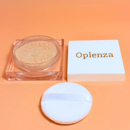 Oplenza Natural Veil Setting Powder, opened- in shade Sand, clean beauty, skin-friendly ingredients setting powder for a flawless, radiant beauty look.
