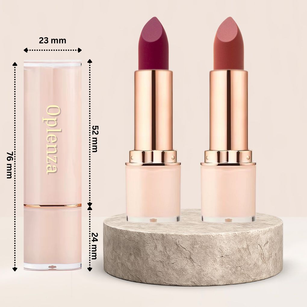 Oplenza Signature Moist-Matte Lipstick dimensions.
Shades: 01 First Impression, 02 Power Move, 03 No Compromise, 04 Main Character, 05 Well Spoken, 06 After Hours, 07 Soft Authority, 08 No Permission, 09 Unfiltered, 10 Red Standard, 11 Icon Status, 12 Say Less, 13 Ground Rules, 14  Blank Slate.