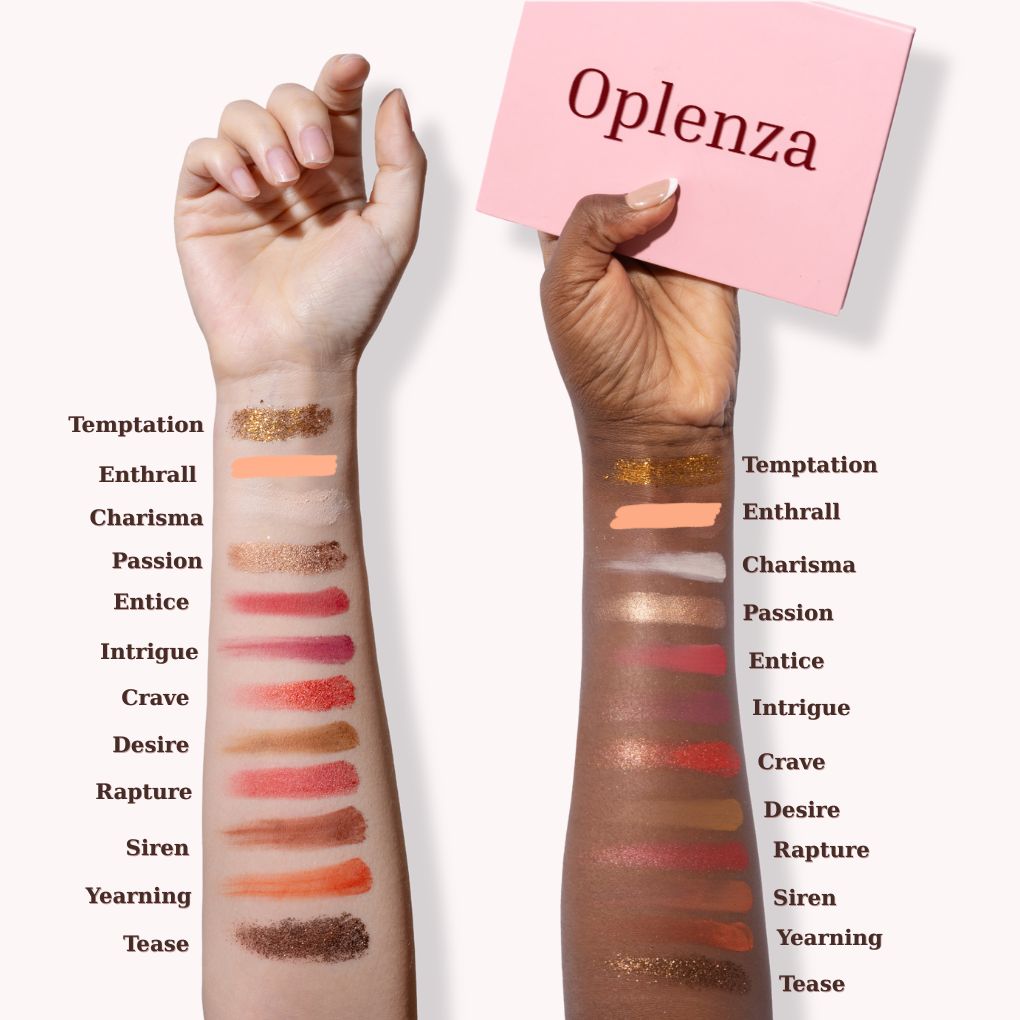 Arm swatches of Oplenza Signature Shades Palette - Soft Seduction, vegan, highly pigmented, makeup must-have eyeshadow palette for a radiant, long-lasting makeup look