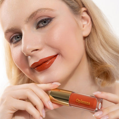 Elegant Model wearing and showcasing the vegan, cruelty-free Oplenza matte liquid lipstick in the shade Spice