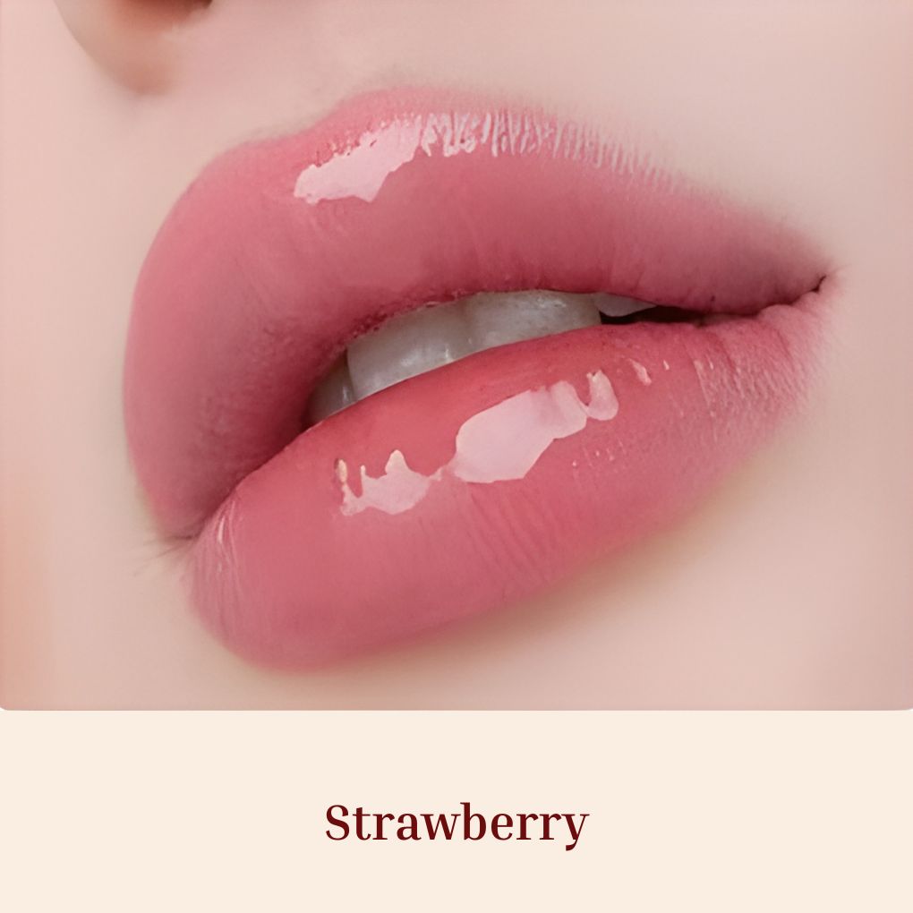 Obsession Glass Lip Gloss swatches on lips, Strawberry shade-The best shiny lip makeup Gloss