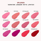 A color chart for Oplenza Signature Longwear Matte Lipstick, showing twelve different lipstick swatches
01 Tulle
02 Peche
03 Almande
04 Taupe
05 Rosette
06 Mauve
07 Cannelle
08 Coraline
09 Violette
10 Aubergine
11 Garnet
12 Bordeaux on a light cream background.
