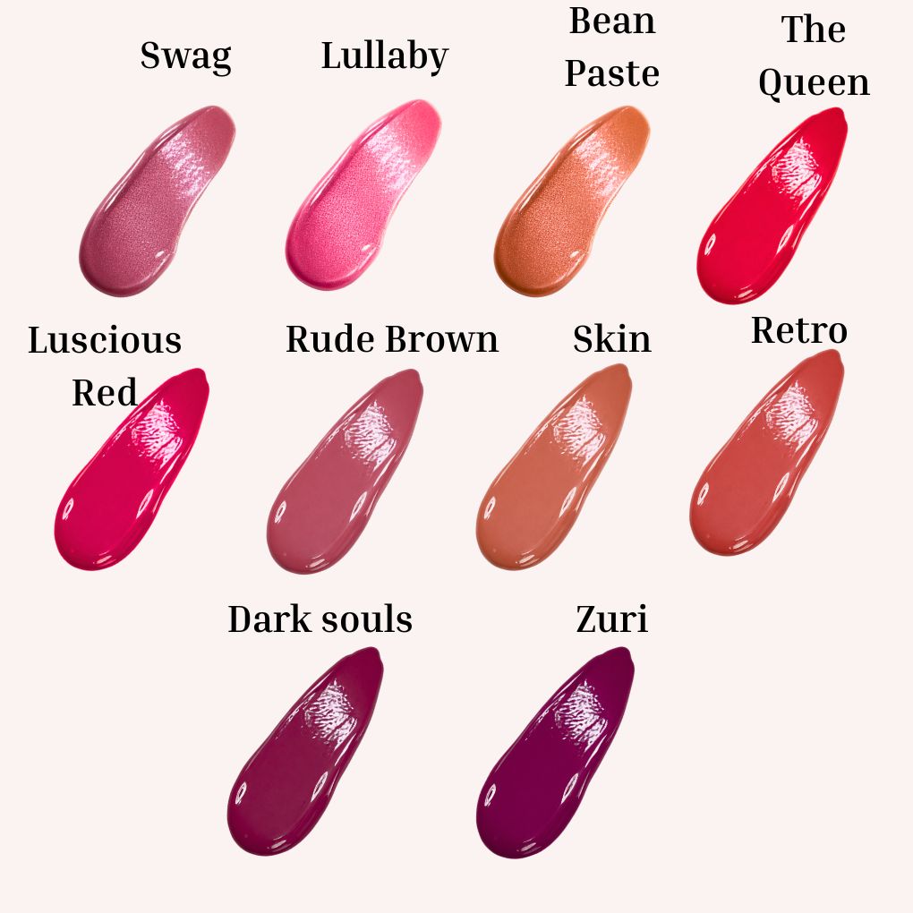 Swatches of Oplenza Signature Ultra Shine Lip Gloss glaze-the best lip gloss in make-up.
Shades: Swag, Lullaby, Bean Paste, The Queen, Luscious Red, Rude Brown, Skin, Retro, Dark Souls, Zuri.