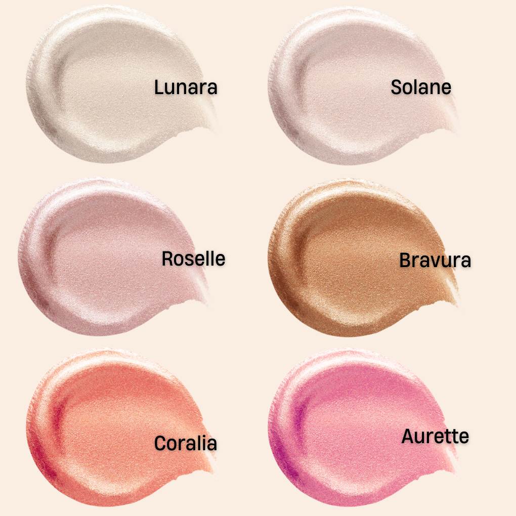 Oplenza Opulent Light Luminizer colors - Lunara, Solane, Roselle, Bravura, Coralia, Aurette