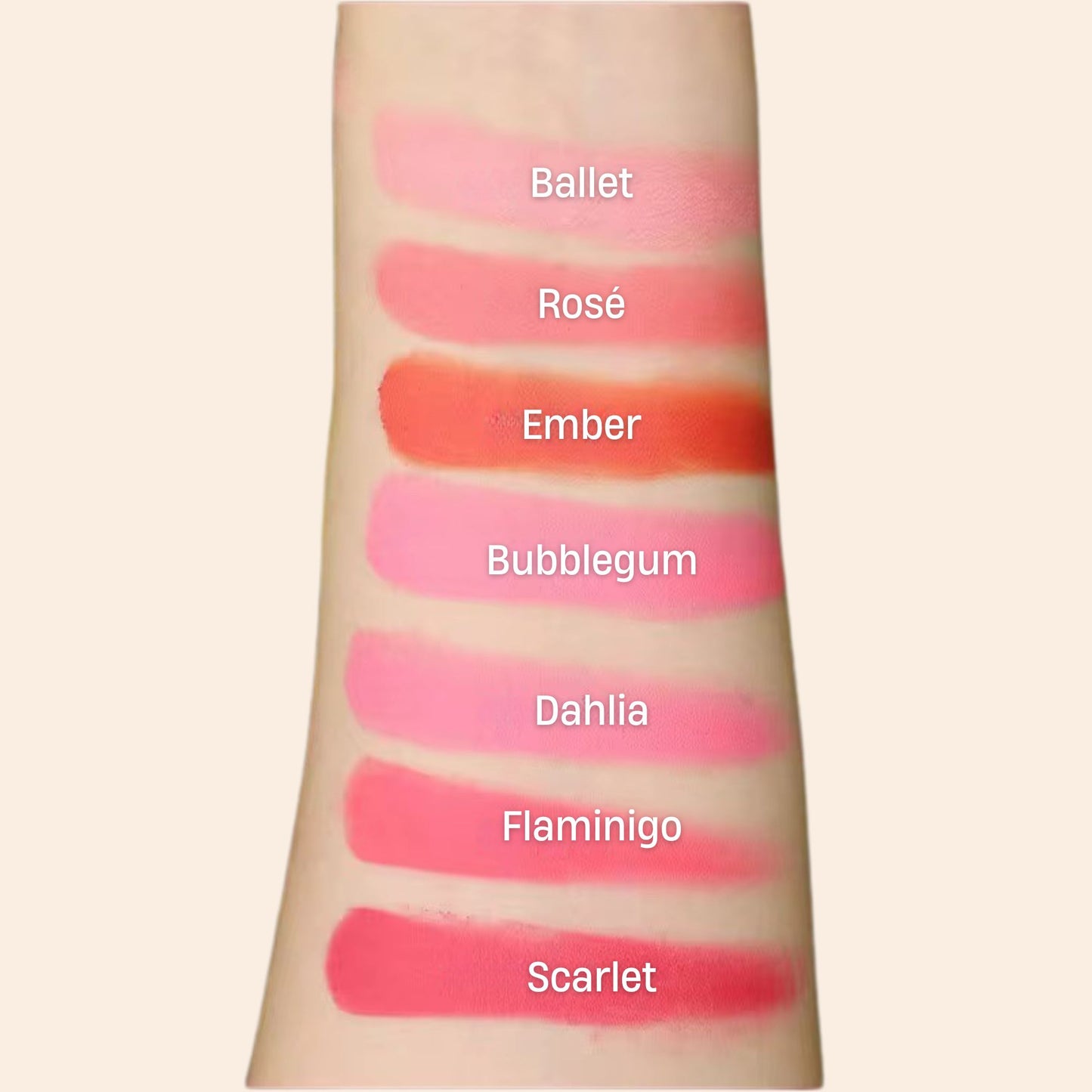 A series of swatches showing various shades of Oplenza Cream Blush on skin, with names Ballet, Rose, Ember, Bubblegum, Dahlia, Flamingo, and Scarlet.