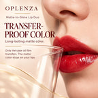 Oplenza Matte-to-Shine Lip Duo in Ripe Peach, with no visible lipstick color on glass in a transfer test. 
Other Shades: Ripe Peach, Rosewood, Cinnamon Oolong, Brownie, Noir Red