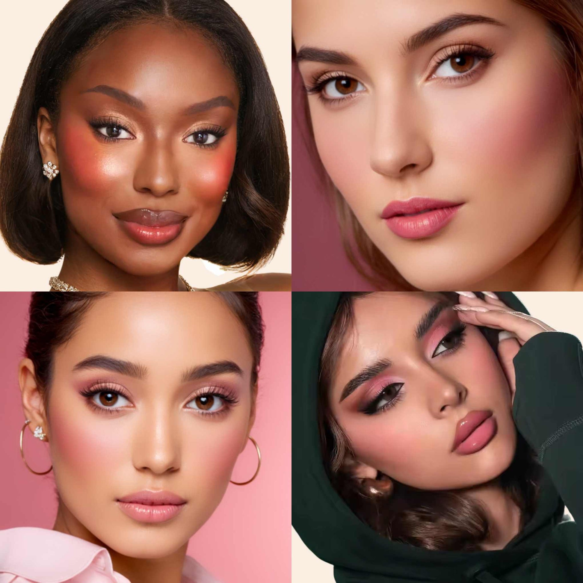 A collage of four images showing the effect of Oplenza Cream Blush on different skin tones