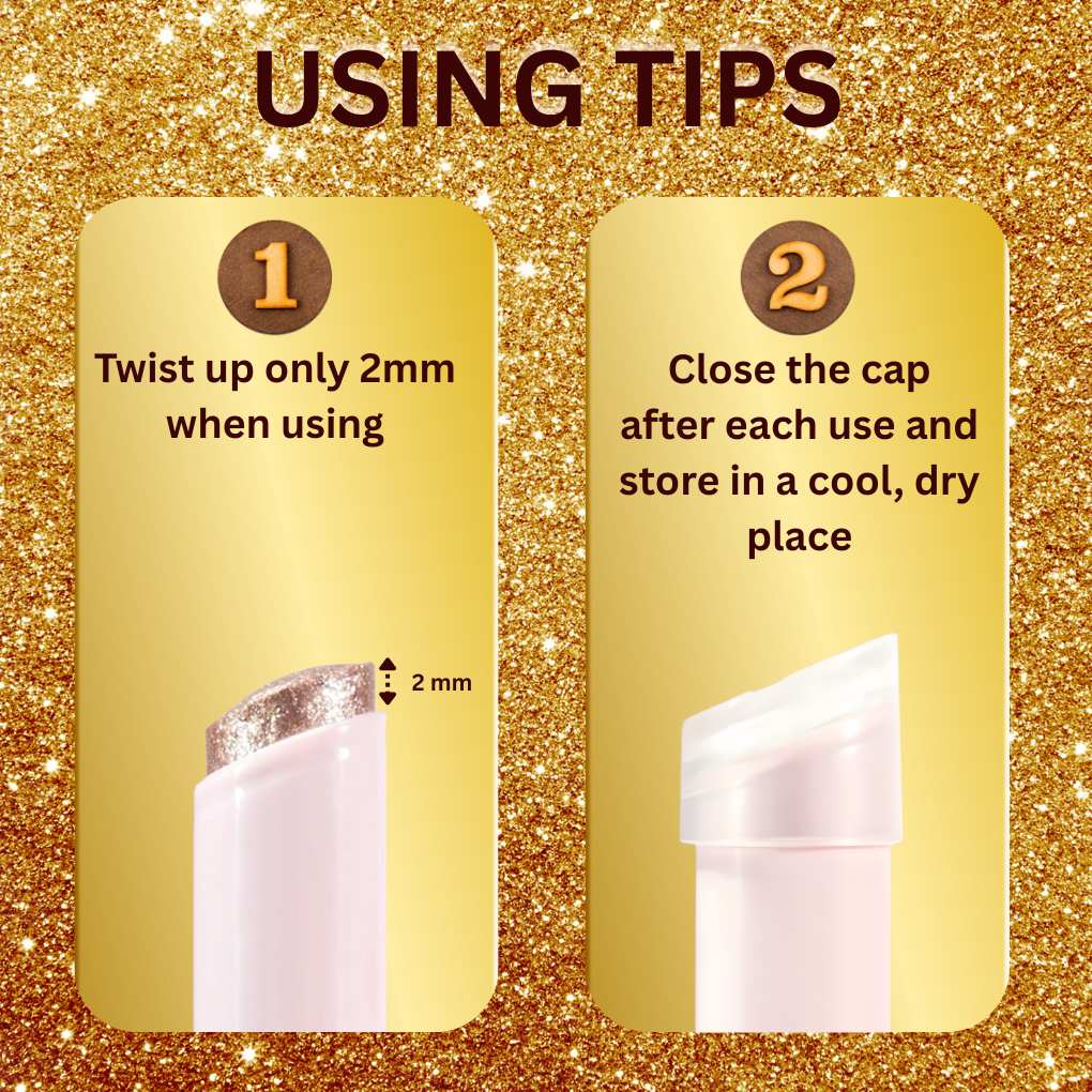 Oplenza Crystal Jelly Glitter Stick-instructions "how to use" the product.
Shade: Orchid Aura, Tulip Twist, Moonglow Mink, Lavender Glow, Sunbeam Sparkle, Sparkle Surge